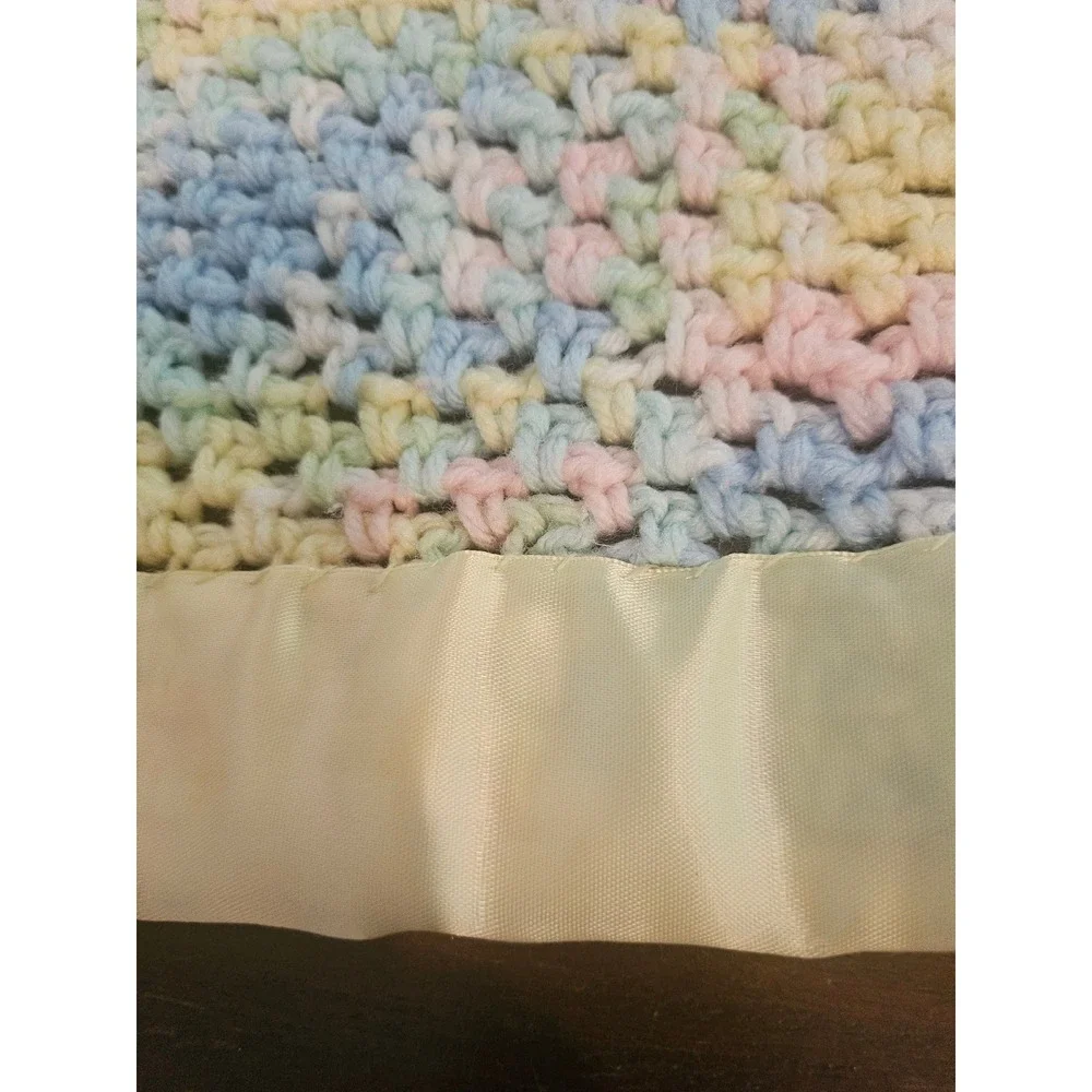 Handmade Crochet Baby Blanket Infant Pastel Multicolor Satin Trim Ruffle Trim